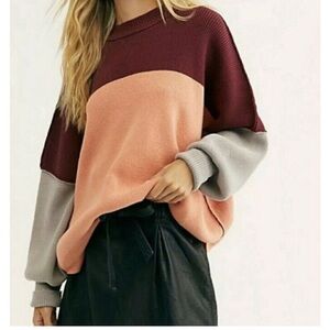 FREE PEOPLE Sweater Color Block Long Sleeve Small Peach Burgundy ob1043843